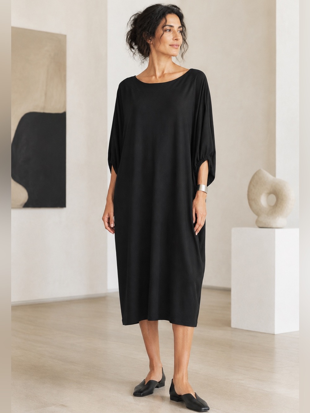 BRYN WALKER WILDER MODAL BLACK MIDI OVERSIZED DRESS SZ L